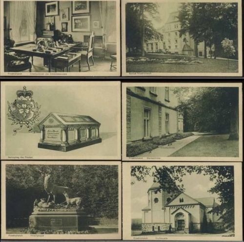 um 1920/30 Friedrichsruh, 8 verschiedene AK, u.a. Schloß Friedrichsruh, Wildpark Sachsenwald, Zimmer im Schloß, Zeichnung des Sarkophag,J. Schlotfeldt