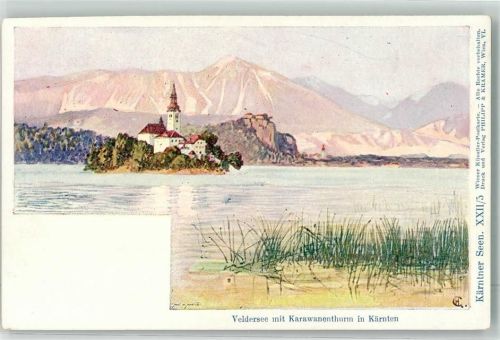 Bled Veldes Künstlerkarte Veldersee mit Karawandenturm in Kärnten Philippu.Kramer XXII/5