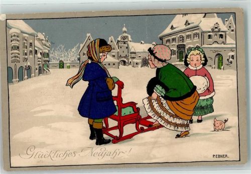 1912 Verlag M. Munk Nr. 608 Glückliches Neujahr! Drei Kinder mit Schlitten Muff und Schwein in winterlicher Stadt
