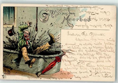 sign. Thiele, Arthur Lithoraphie Humor Moorbad 1900 Gebrauchsspuren