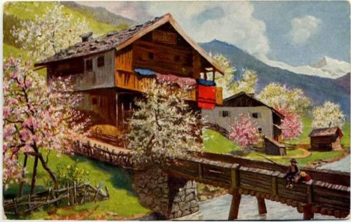 Haus in den Bergen, Angler, blühende Bäume, Serie3011,M.K.B. AKU2 Kind 1915