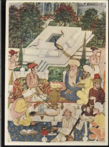 um 1950/60 Österreich, Wien, -Gelehrte Unterhaltung, indische Miniaturen im Schloss Schönbrunn-, indische Männer, Pfau, Turban, Museum, Künstlerkarte,A. Egger