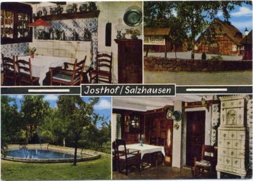 21376 W2125 Bad Salzhausen um 1960/70 - Bad Salzhausen, -Josthof-, 4 Ansichten Hotel u. Gaststätte, reetgedecktes Fachwerkhaus, Gaststube mit Kachelofen, See,Rud. Reher & Co. AKU2