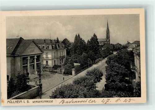 79379 W7840 Müllheim , Baden 1925 - Werderstraße mit Sparkasse und Ev. Kirche