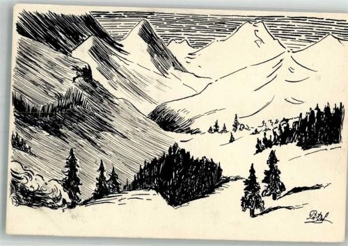 sign. Pötz Federzeichnung Landschaft Handgemalt