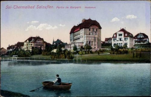um 1910/20 Bad Salzuflen, Partie am Kurpark, Fürstenhof, See, Ruderboot,R. Lederbogen