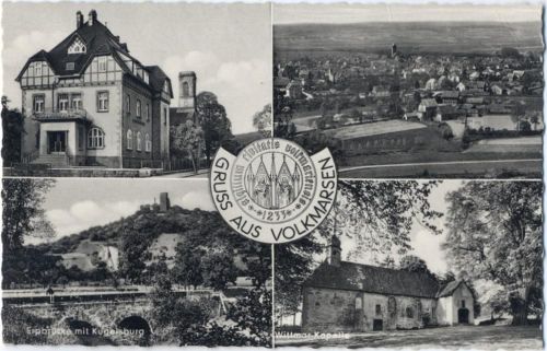 34471 W3549 Volkmarsen um 1950-60 - Volkmarsen, 4 Abbildungen: Ansicht, Erpbrücke mit der Kugelsburg, Wittmar-Kapelle u.a.,Karl Jos. Ortwein AKU2