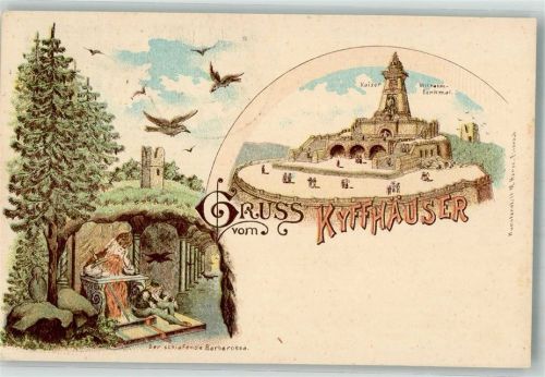 06567 O4712 Kyffhäuser 1921 Lithographie / Künstlerkarte Kaiser-Wilhelm-Denkmal Der schlafende Barbarossa Sonderstempel