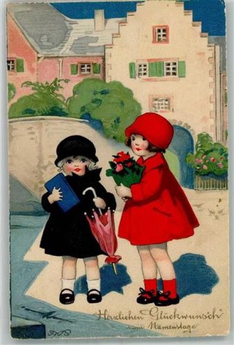 1928 Kinder mit Blumen Regenschirm Namenstag Meissner u. Buch Nr. 2986