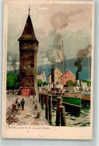 W8990 Lindau Bodensee Hafen Dampfer Leuchtturm Zieher, Ottmar Nr. 1870 Diemer, Z. 1899 Lithographie / Künstlerkarte