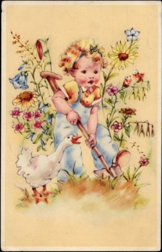Mädchen mit Gans, Blumen, Vögel, Künstler AK AKU2 Kind 1943