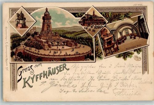 06567 O4712 Kyffhäuser 1900 Lithographie Nationaldenkmal Reiterdenkmal Kyffhäuser-Gasthaus Barbarossa-Saal