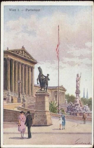 um 1920/30 - Wien, Österreich, Parlament, Standbild mit Pferd und Reiter, Flaggenmast, Skulptur, Künstler-AK, Nr. 6,B.K.W. AKU2