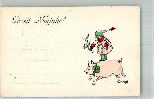 Neujahr Schwein Kind mit Mistel sign. Bourget