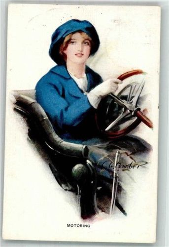 1914 Motoring Frau am Steuer eines Autos sign. Künstler Barber Court