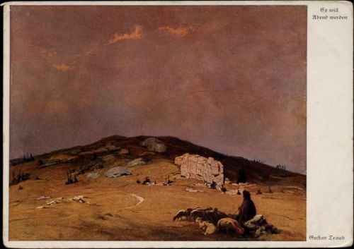 um 1930/40 Künstler-Ak -Es will Abend werden-, Hirte mit Schafherde in der Abenddämmerung, Ak Nr. 7183 (shepherd, flock of sheep, twilight),Hermann U. Wiechmann,sign. Gustav Traub AKU2