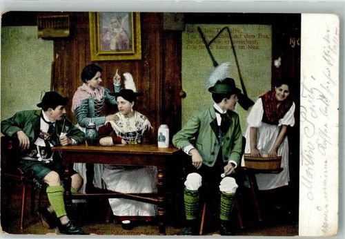 1905 Gasthausszene mit Männern und Frauen in Tracht Humor