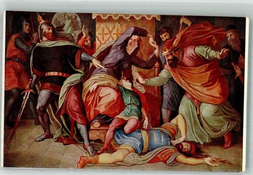 München sign. Schnorr von Carolsfeld Das Nibelungenlied Hagen erschlägt Etzels Sohn Fresko in der Residenz