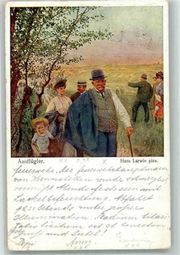 1913 sign. Larwin, Hans Ausflügler Künstlerkarte B.K.W.I. Nr. 1157