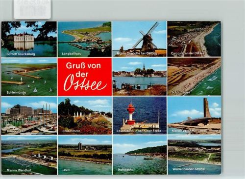 24340 W2330 Eckernförde - Riesenkarte Schloß Glücksburg Langballigau Mühle Charlotte bei Gelting Camping an der Ostsee Schleimünde Kappeln Schönhagen Damp 2000 Eckernförde Leuchtturm in der Kieler Förde Marine-Ehrenmal Laboe Marina Wendtorf Holm Hohwacht Weißenhäuser Strand