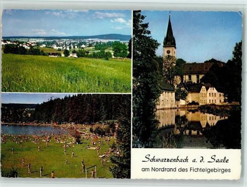 Schwarzenbach Ortsansicht Waldschwimmbad Stadtkirche mit Saalepartie 3-Bildaufnahme