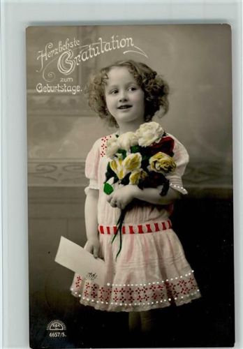 Mädchen im bestickten Kleid und buntem Rosenstrauß, Stempel 19.11.11 Bärenstein