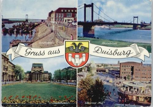 Duisburg Fluss Brücke THeater Blumen Wappen Fußgänger