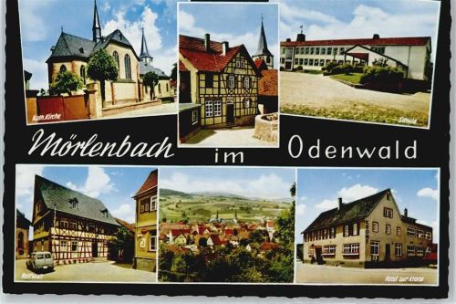 Mörlenbach katholische Kirche, Rathaus, Hotel zur Krone, Schule