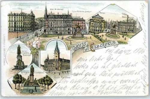 Elberfeld Hotel Weidenhof, Kaiser-Wilhelm-Denkmal, Theater, Bade-Anstalt, Kaiser-Friedrich-Denkmal, Neues Rathaus, Krieger-Denkmal