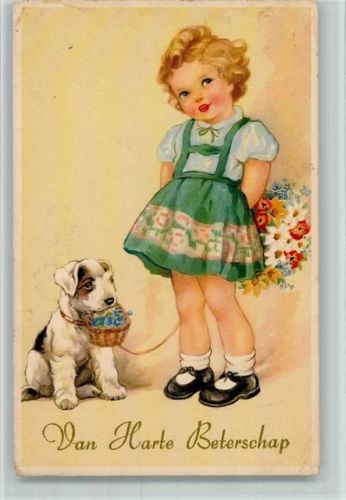 Serie 2251-2 Mädchen und Hund mit Blumen und Vergissmeinnicht - Van Harte Beterschap 1959 AK Geburtstag