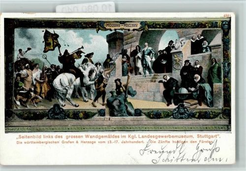 Stuttgart Kgl. Landesgerwerbemuseum Innenaufnahme Seitenbild links des grossen Wandgemäldes Die Zünfte huldigen den Fürsten Mann liest ein Buch