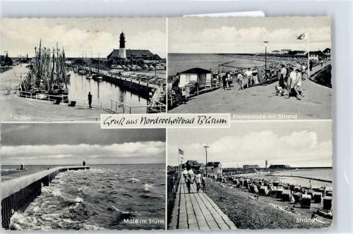 25761 W2242 Büsum - Hafen, Leuchtturm, Promenade am Strand, Mole im Sturm