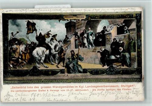 Stuttgart Kgl. Landesgerwerbemuseum Innenaufnahme Seitenbild links des grossen Wandgemäldes Die Zünfte huldigen den Fürsten Mann liest ein Buch