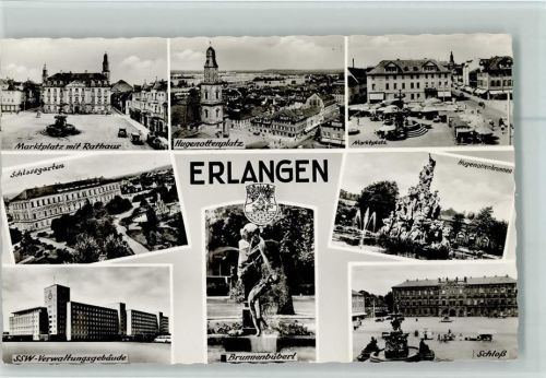 Erlangen Marktplatz mit Rathaus Brunnen Hugenottenplatz Marktszene Schlossgarten SSW-Verwaltungsgebäude Brunnenbüberl Hugenottenbrunnen Schloß