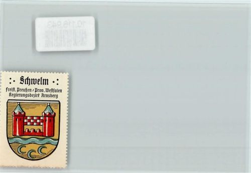 Schwelm Vignette rote Burg auf goldenem Hintergrund mit blauen Türmen Fluss und drei blauen Halbmonden Wappen