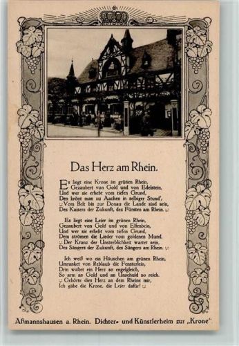 Assmannshausen Das Herz am Rhein - Künstlerheim zur Krone - Schmuckrahmen mit Weintrauben - Gedicht - Jugendstil