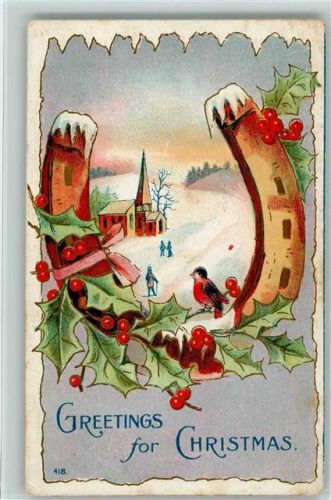 1909 Merry Christmas - Hufeisen mit Stechpalme AK