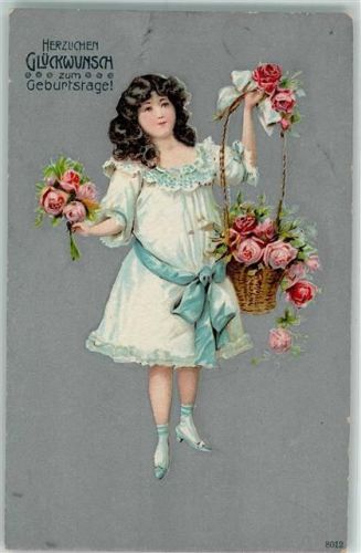 1909 Geburtstag Mädchen mit einem Rosenkorb AK