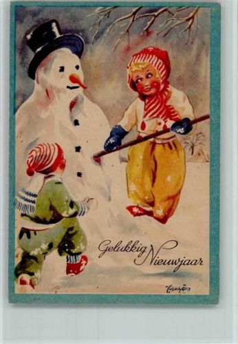 1947 Gelukkig Nieuwjaar - Kinder bauen einen Schneemann AK