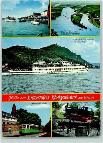 Königswinter Dampferanlegestellen Drachenfels Insel Nonnenwerth Drachenfelsbahn Drachenfelsesel mit alter Drachenfelsbahn-Lok