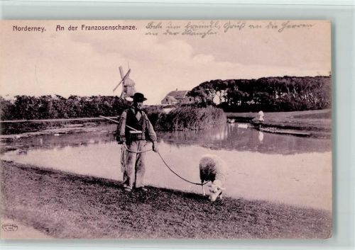 Norderney 1912 An der Franzosenschanze Mann mit Schaf an der Leine Windmühle