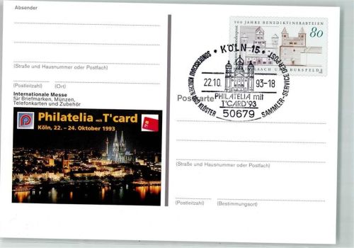 Köln Altstadt-Nord 103 Ganzsache Philatelia mit T'card Sonderstempel 22. - 24. Oktober 1993
