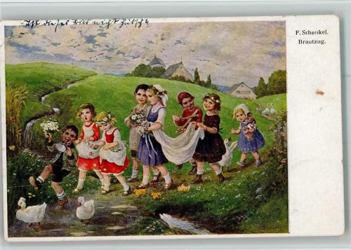 Hochzeit Kinder Trichter Puppe Blumenkranz sign F.Schenkel Dresdner Künstler