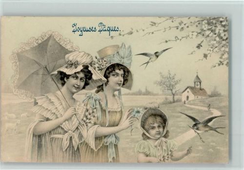 1909 Verlag V.K. Vienne Nr. 4028 - Ostern, Joyeuses Paques - Frauen mit Sonnenschirm u. Schwalben , gute Erhaltung