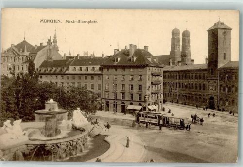 München 1907 Maximiliansplatz Brunnen Reiterstatue Straßenbahn Kutsche