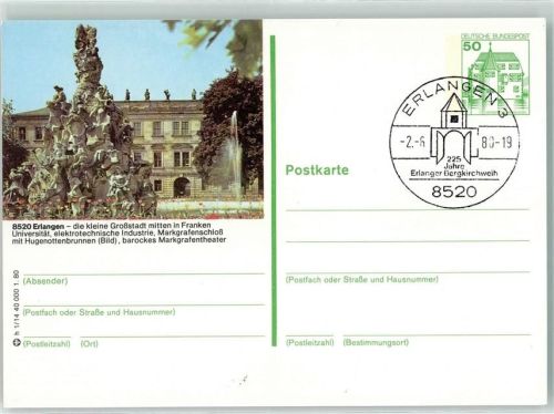 Erlangen Ganzsache Markgrafenschloss Theater Hugenottenbrunnen