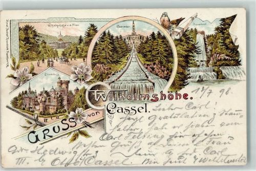 Wilhelmshöhe 1898 Lithographie Löwenburg Hercules m.d. Cascaden Aquäduct
