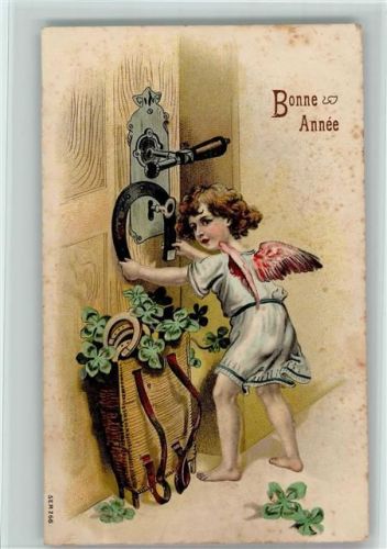 1907 Bonne Annee, Neujahr - Engel hängt ein Hufeisen an die Tür - Stockflecken