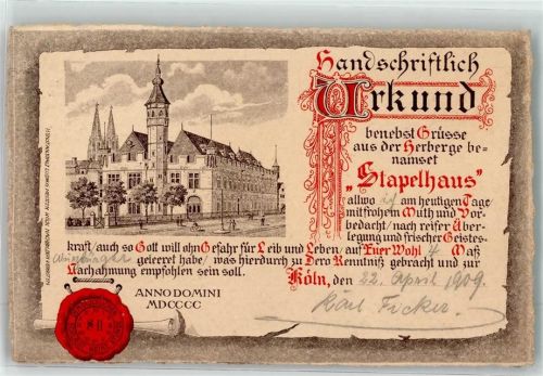 50667 W5021 Köln Altstadt-Nord 103 1909 Werbe AK Zeichnung und Scherzurkunde vom Gasthaus Stapelhaus