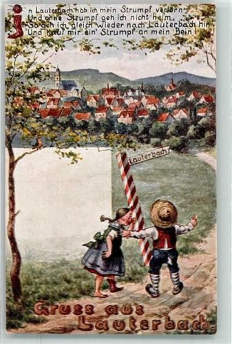36341 W6420 Lauterbach Hessen 1925 Künstlerkarte Zwei Kinder vor dem Hinweisschild zur Stadt Aquarell